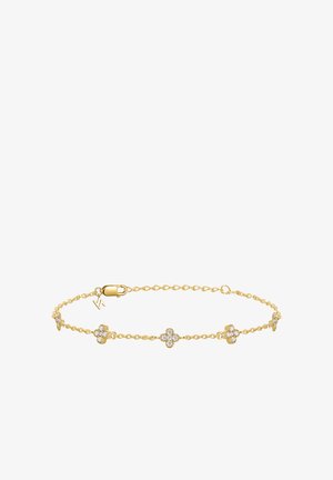 Goldene Armbandkette mit fünf floralen Akzenten, die jeweils mit klaren Kristallen verziert sind. Verfügt über einen sicheren Karabinerverschluss zum Schließen.