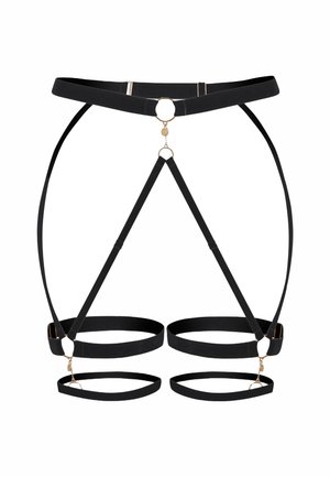 Imbracatura nera con cinturini, anelli e bande regolabili progettata per adattarsi a vita, cosce e fianchi per uso moda o lingerie.
