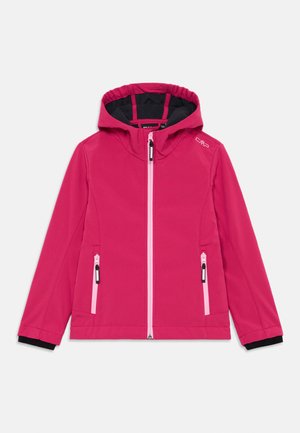 Svijetlo ružičasta jakna s kapuljačom i crnim unutarnjim oblogom, prednjim zatvaračem, bočnim zip džepovima i logotipom na ramenu.