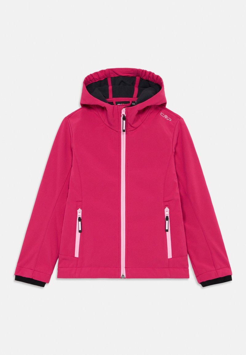 Helle pinke Kapuzenjacke mit schwarzem Innenfutter, Vorderreißverschluss, seitlichen Reißverschlusstaschen und Logo auf der Schulter.