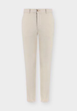 Beige slim-fit trousers with belt loops, front button and zip closure, displayed flat on a light background.