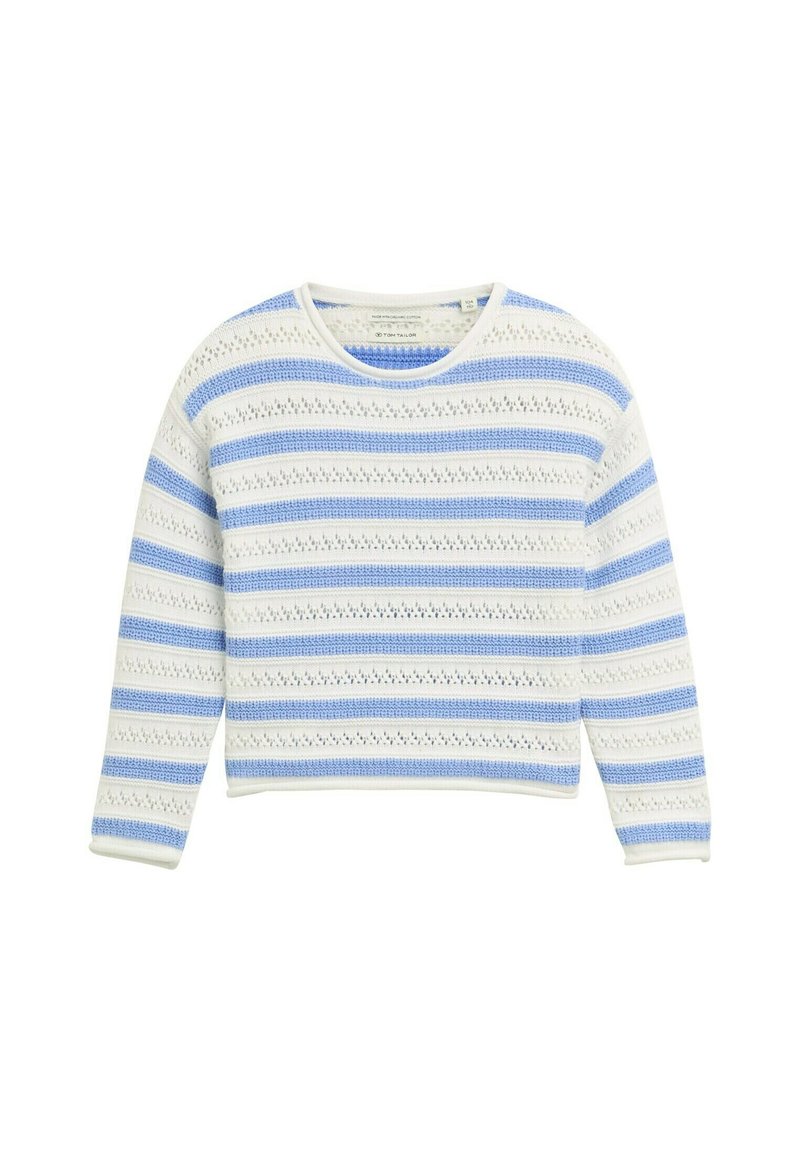Baumwollpullover mit einem cropped Design, ausgestattet mit blau-weißen horizontalen Streifen und einem Spitzenstrickmuster. Rundhalsausschnitt und lange Ärmel.