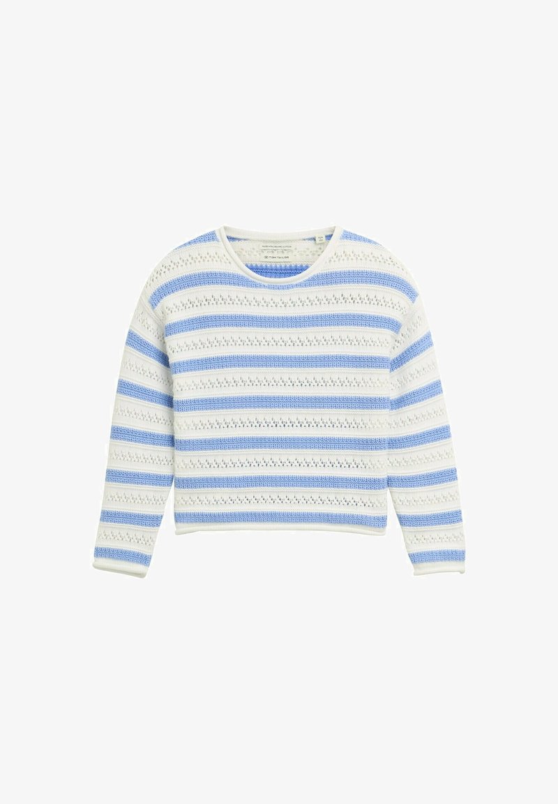 Pull en coton avec un design court, présentant des rayures horizontales bleues et blanches et une texture en dentelle tricotée. Encolure ronde et manches longues.