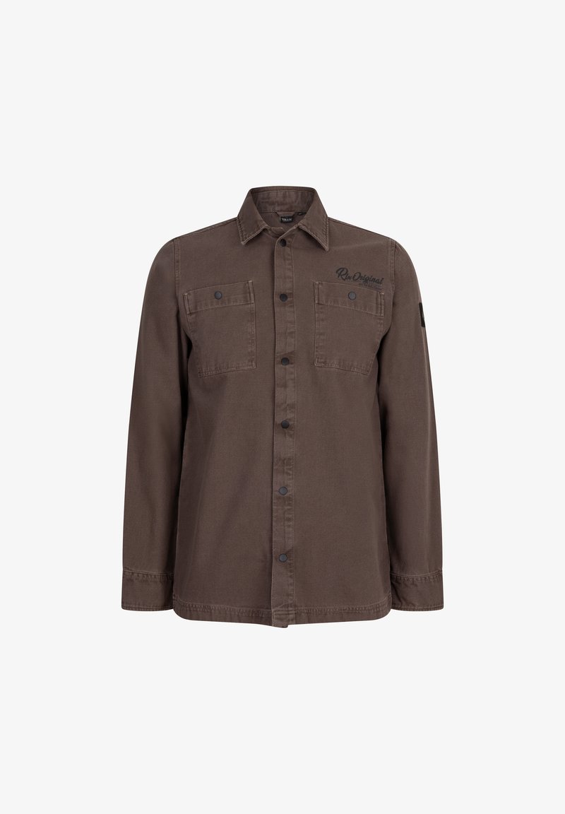 Bruine overhemelskad met lange mouwen, gemaakt van katoen, met twee borstzakken en zwarte accenten. Bevat een kraag en een sluiting met knopen aan de voorkant.