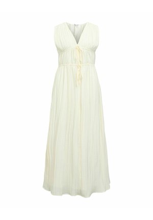 Robe maxi sans manches couleur crème avec un décolleté en V plongeant, tissu froncé et détails noués à l'avant au niveau de la poitrine et de la taille.