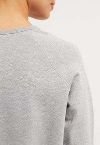 Grå bomulds sweatshirt, raglanærmer, fladstrikket halsudskæring, blød tekstur, minimal syning detalje på skuldersømmene.