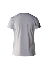 Szara koszulka z krótkim rękawem i okrągłym dekoltem. Miękka tkanina, gładka faktura oraz luźny krój, bez widocznych logo czy wzorów.