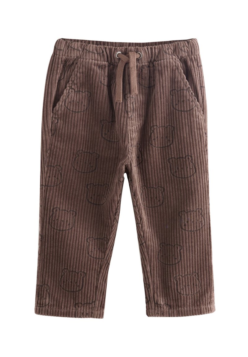 Pantalon en velours côtelé marron avec une texture côtelée, présentant des motifs d'ours et une taille élastique avec un cordon de serrage. Deux poches latérales incluses.