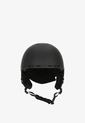 Black matte ski helmet with a rounded design, side vents, and a soft inner lining. Features adjustable chin strap and ear covers.