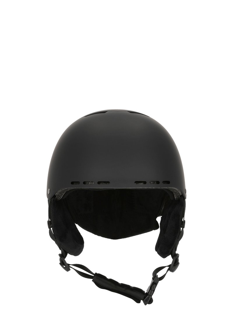 Schwarzer Skihelm mit matter Oberfläche, rundem Design, seitlichen Belüftungsöffnungen und weichem Innenfutter. Verfügt über verstellbaren Kinnriemen und Ohrenschutz.