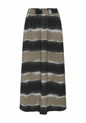 Maksikleita, kas izgatavota no viegla auduma ar smockotu jostasvietu. Iezīmēta ar horizontālām svītrām bēšās, melnās un baltās krāsās. Gluda tekstūra.