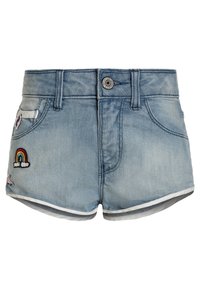 Lichtblauwe denim shorts met een geborduurd regenboog en accenten. Korte lengte met een witte rand langs de zoom en zakken.