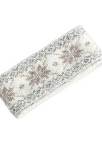 Pletený čelenka v krémovej farbe s svetlohnedými a sivými vzormi vločiek; mäkká textúra, obdĺžnikový tvar a upravené okraje.