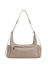 Borsa a mano in pelle beige con forma arrotondata, tracolla regolabile e tasca frontale con zip. Presenta una texture liscia e un design minimalista.