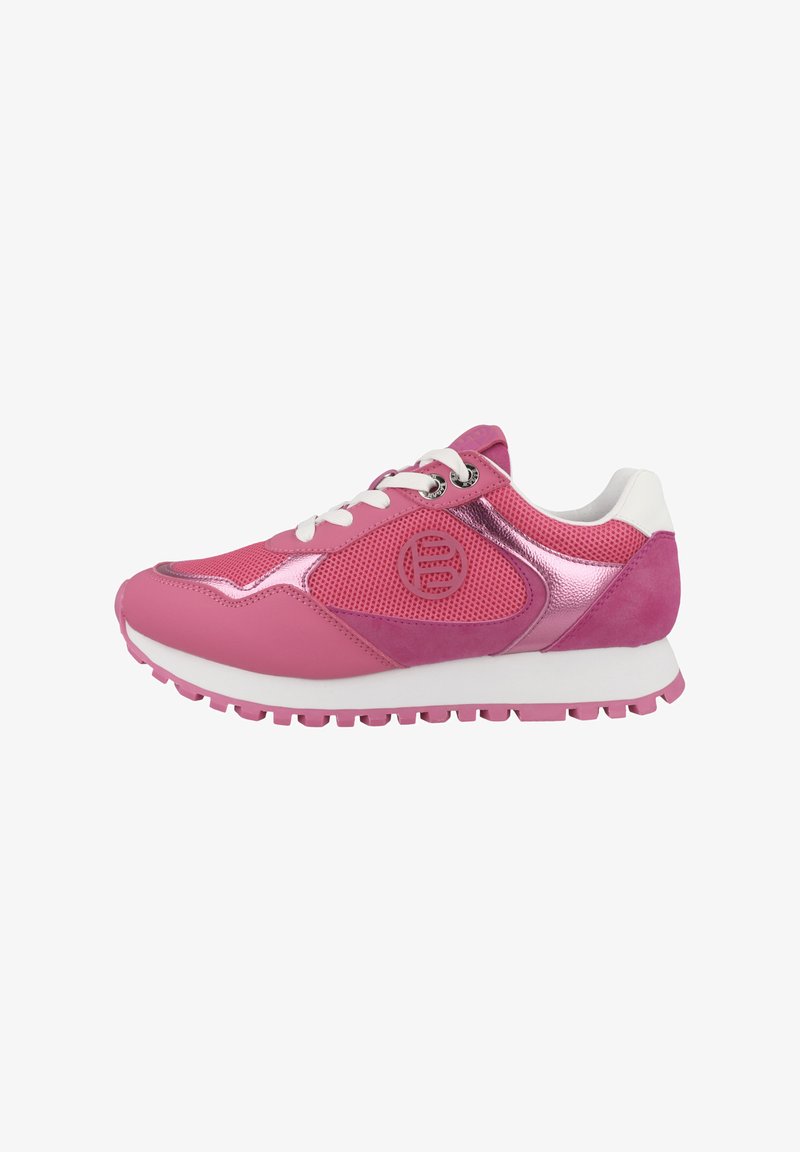Pinke Sneakers mit Netzpaneelen, glänzenden Akzenten und einer weißen Ferse. Die Sohle ist aus Gummi und hat ein strukturiertes Grip-Muster.