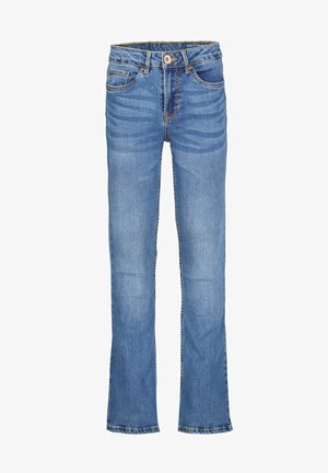 Lyseblå straight-leg denimjeans med lommer foran og bagpå, knaplukning og subtil falmet tekstur.