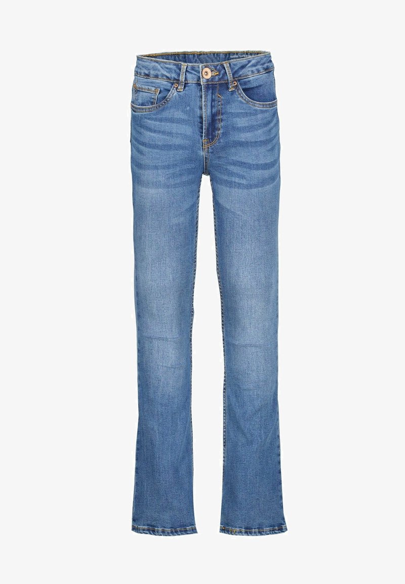 Jean denim bleu clair à jambe droite avec poches avant et arrière, fermeture par bouton et texture subtilement délavée.