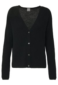 Černý kardigan s hlubokým výstřihem do V, žebrovanou strukturou, dlouhými rukávy a pěti decentními knoflíky vpředu. Vyroben z lehkého pleteného materiálu.