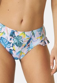 Bottom bikini in colori pastello con stampa di foglie tropicali. Realizzato in tessuto leggero con orlo arricciato lungo la vita.
