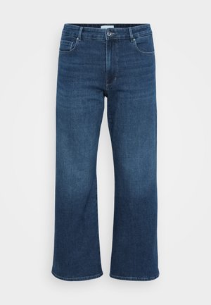 Jeans dżinsowe o szerokich nogawkach w ciemnoniebieskim kolorze. Posiadają pięć kieszeni, zapięcie na guzik z przodu, szlufki na pasek oraz gładką fakturę. Klasyczny styl.