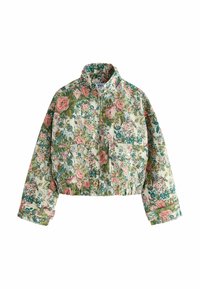 Veste courte à motifs floraux avec un motif floral vert, blanc et rose, col haut, fermeture éclair sur le devant et deux poches avant avec des fermetures à bouton-pression.