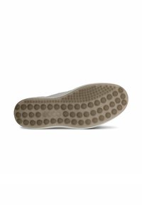 Suola di sneaker leggera in gomma beige con motivo circolare antiscivolo. Presenta un bordo liscio e un'area del tallone leggermente sollevata. Design durevole e flessibile.
