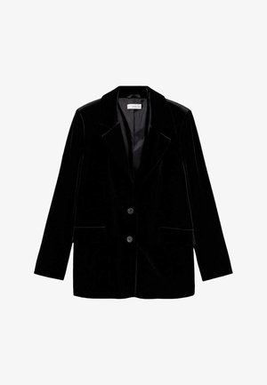 Blazer de terciopelo negro con solapas con muesca, dos botones delanteros y bolsillos con solapa, con un interior forrado y suave.