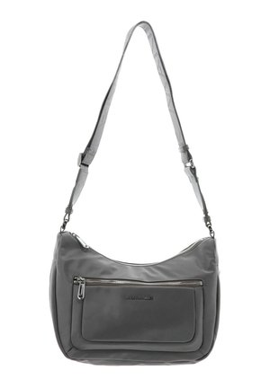 Sac à épaule gris avec bandoulière réglable, poche avant zippée et fermeture éclair arrondie sur le dessus.