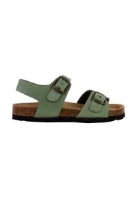 Sandali in pelle verde con due cinghie regolabili, fibbie in metallo e una soletta in sughero. La suola in gomma nera offre stabilità e trazione.