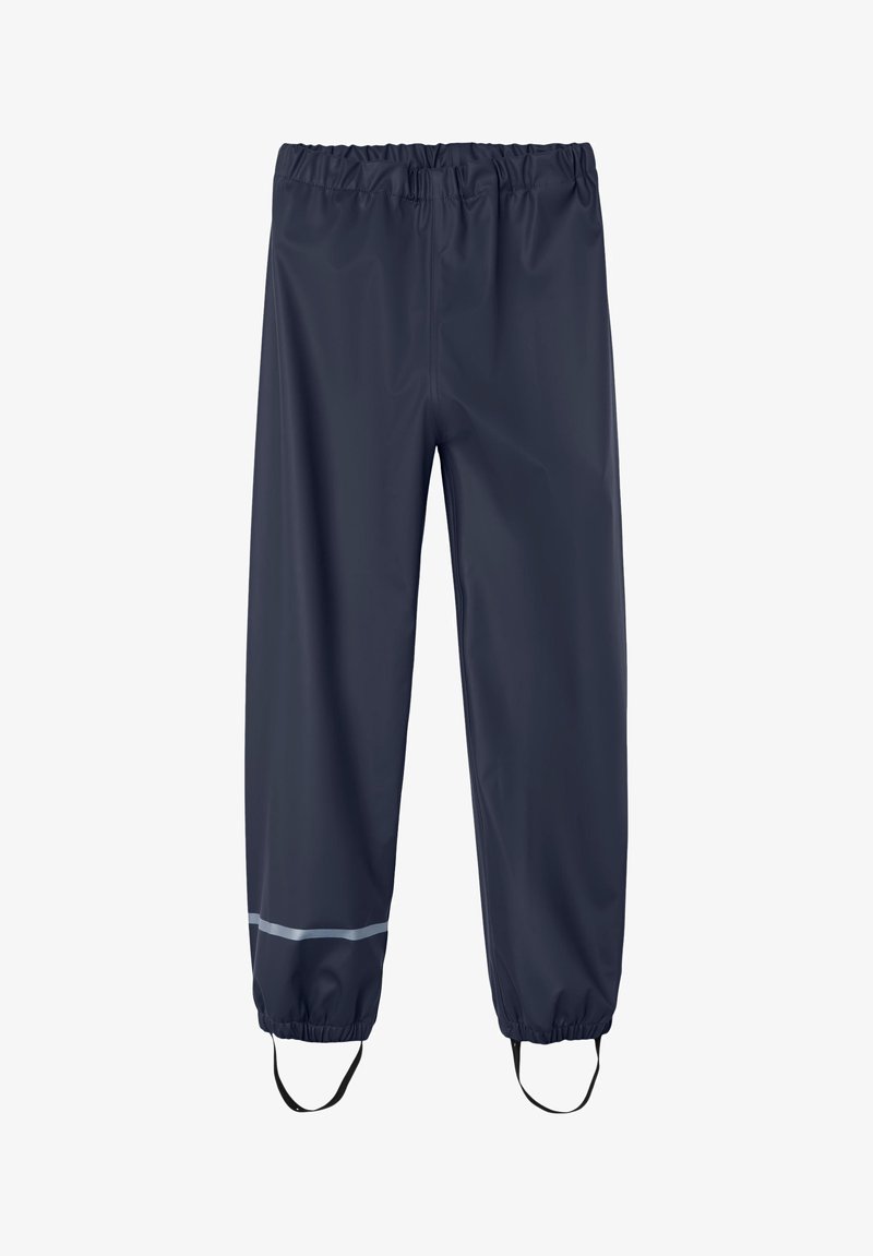 Calças impermeáveis de cor navy com cintura elástica, pernas afuniladas, faixa refletora perto da bainha e loops para botas para um ajuste seguro.