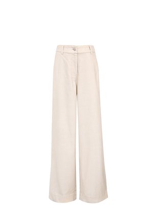 Beige weit geschnittene Hosen aus weichem Stoff, mit hoher Taille und sauberen Nähten, ohne sichtbare Muster oder metallische Akzente.