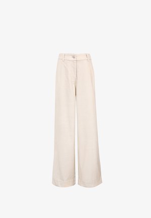 Beige wijde broeken gemaakt van zachte stof, met een hoge taille en schone naden, zonder zichtbare patronen of hardware accenten.