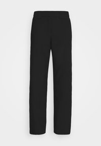 Černé kalhoty s rovným střihem a pasem. Vyrobeny z hladkého materiálu, bez viditelných vzorů nebo kovových prvků.