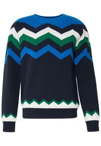 Knitted sweater featuring a round neckline, zigzag pattern in blue, green, white, and dark navy, with ribbed cuffs and hem.