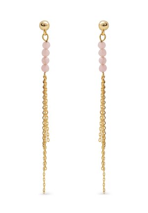 Boucles d'oreilles pendantes teintées or avec trois perles rondes roses et plusieurs chaînes d'or délicates suspendues sous chaque groupe de perles.