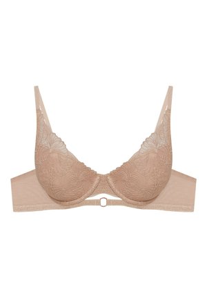 Underwired bra in nude with floral embroidery. Soft fabric, smooth cups, and a satin band featuring a metal accent in the center front.