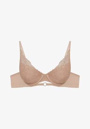 Dunkelbrauner BH mit floralen Stickereien. Weiches Material, glatte Körbchen und ein Satinband mit einem Metallelement in der Mitte der Vorderseite.