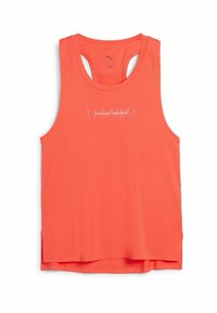 Ærmeløs atletisk tanktop i lys orange mesh-stof med en rund halsudskæring og tekst i hvidt "PUSHING THE PACE."