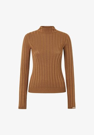 Maglione a collo alto marrone con maniche lunghe. Il materiale presenta una superficie testurizzata e un design aderente, che esalta la forma e il calore.