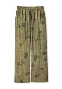 Pantalon large vert en tissu texturé, orné d'un imprimé floral dans des tons de vert plus foncé et d'une taille élastique avec cordon de serrage.
