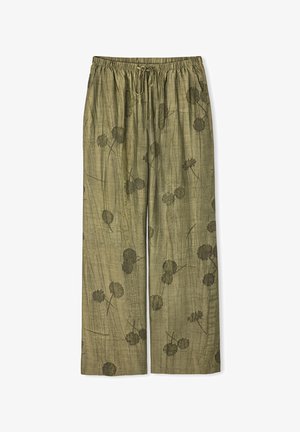 Green, wide-leg pants made of textured fabric, featuring a floral print in darker green tones and an elastic drawstring waistband.