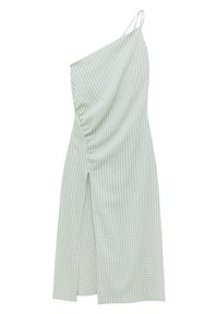 Ein trägerloses grünes Gingham-Kleid mit gerafftem Textur, seitlichem Schlitz und dünnen Trägern. Hergestellt aus leichtem Material. Maßgeschneiderter Schnitt.