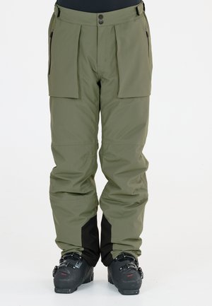 Olivgrüne Schneehose mit lockerer Passform, ausgestattet mit zwei Vordertaschen und schwarzen Akzenten an den Beinabschlüssen. Hergestellt aus strapazierfähigem, wasserabweisendem Material.