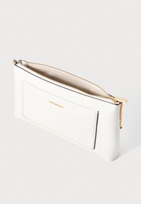 White leather clutch bag with a textured surface. Features a gold zipper, interior lining, and a front pocket.