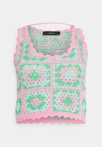 Crochet crop top with scalloped pink edges featuring a geometric pattern in light green, pink, and white. Lightweight, open-knit texture.