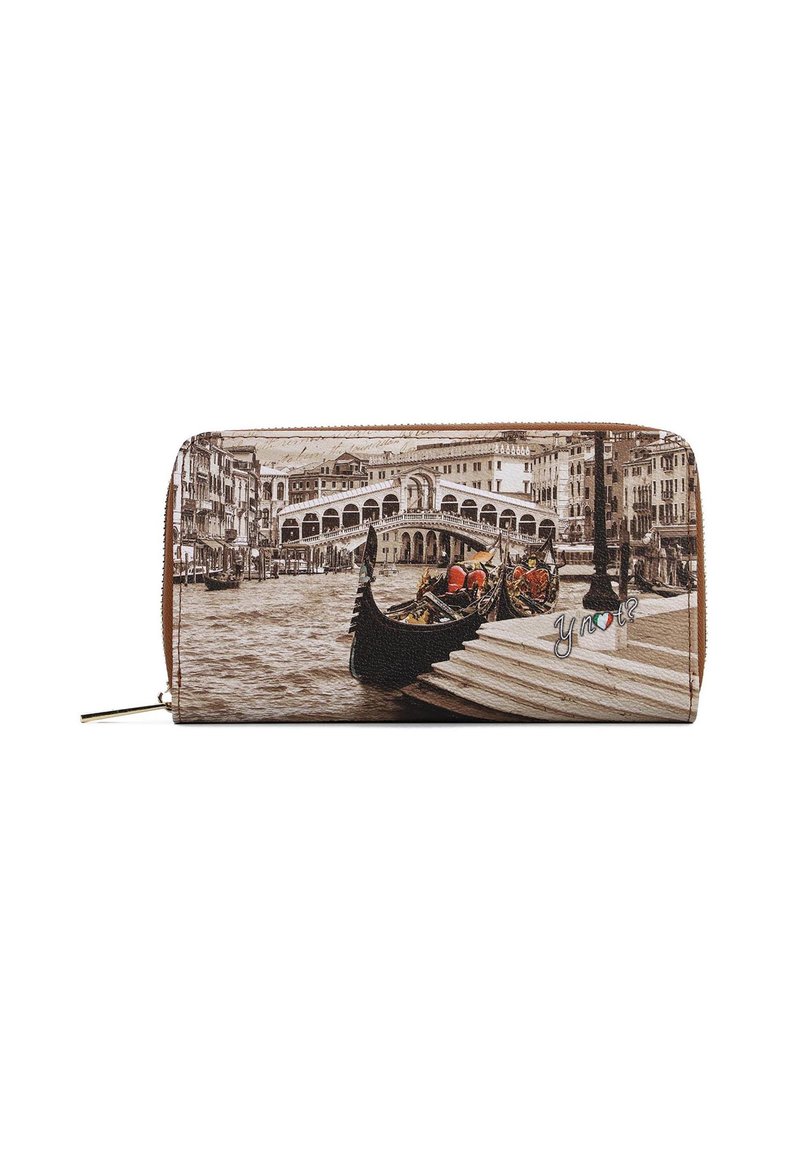 Portafoglio con una scena vintage di un canale di Venezia che mostra gondole, il Ponte di Rialto, edifici circostanti e scale vicino all'acqua.