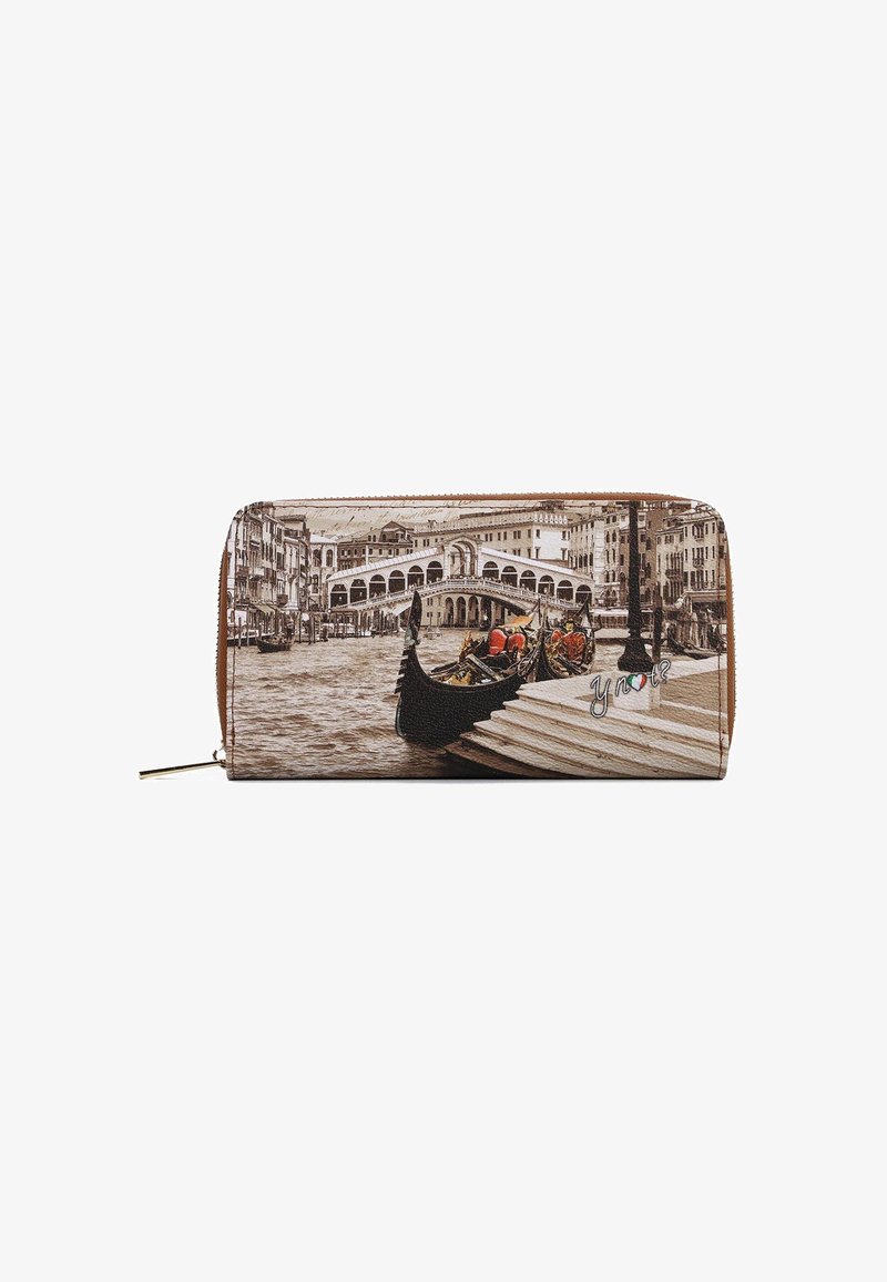 Portafoglio con una scena vintage di un canale di Venezia che mostra gondole, il Ponte di Rialto, edifici circostanti e scale vicino all'acqua.