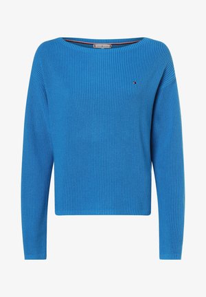 Sininen neulepaita, jossa on leveä pääntie, pitkät hihat ja ribbneudutus. Paidassa on pieni logo rinnassa.