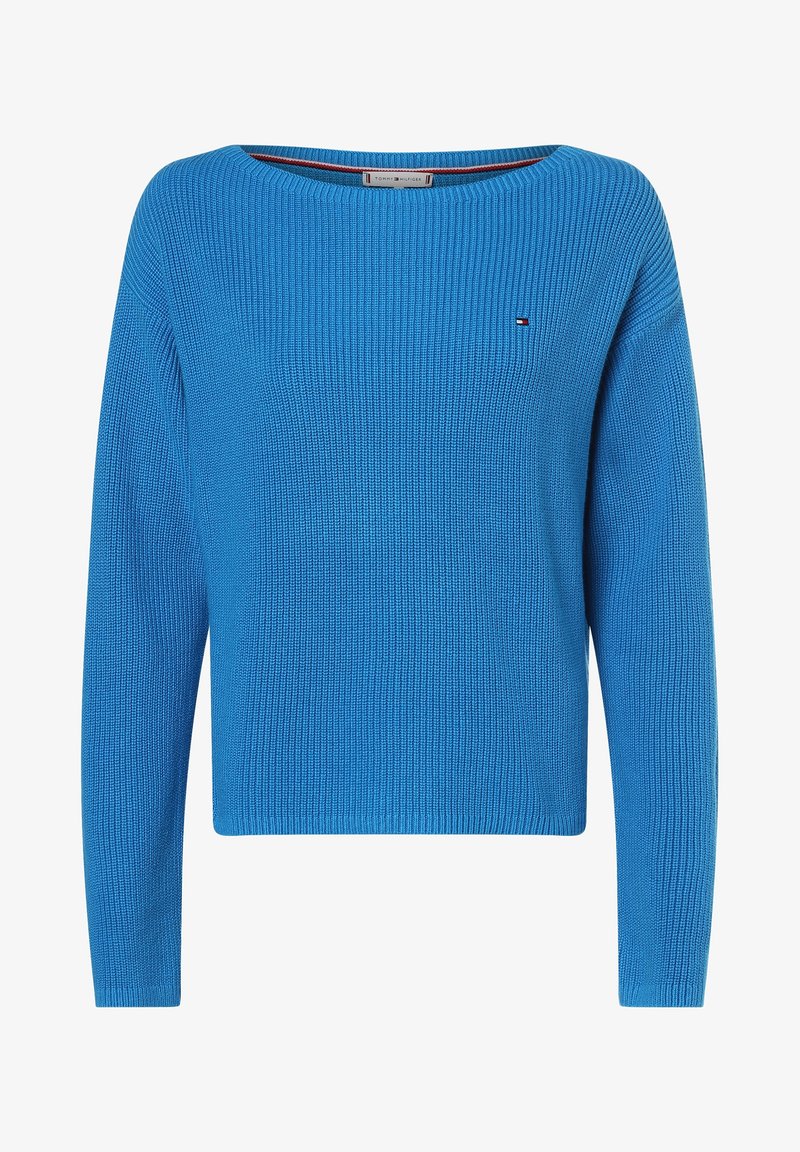 Modrý pletený svetr s širokým výstřihem, dlouhými rukávy a žebrovanou strukturou. Obsahuje malé logo na hrudi.