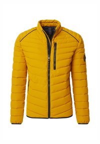 Yellow quilted jacket with a stand collar, zippered front pocket, and contrasting black accents along the zippers and cuffs.